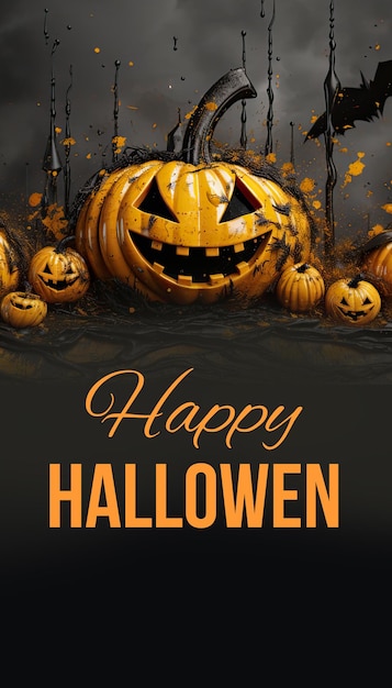 Happy Halloween banner template background design in black orange color with pumpkins 3d style