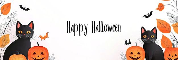 Photo happy halloween banner with black cats pumpkins bats and autumn leaves on a white background