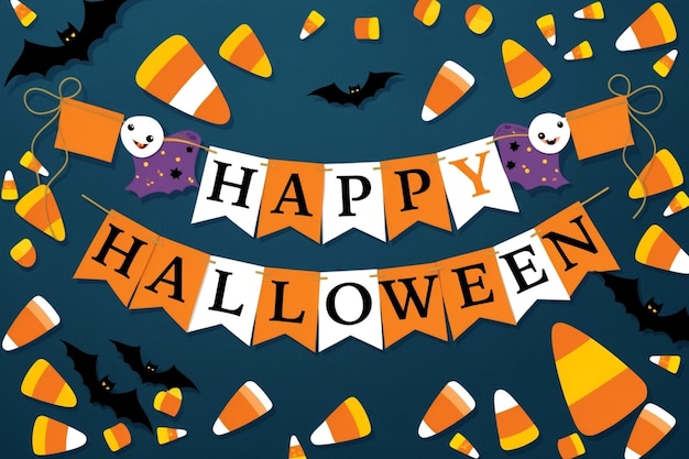 Photo happy halloween banner with candy corn and bats