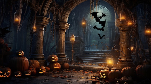 Happy Halloween Banner with Pumpkins Spooky Celebration and Spooky Decorations Set the Haunted Scene generated ai