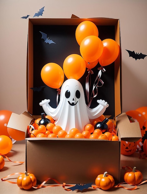 Happy halloween concept open box with pumpkin ghost and balloons on orange background