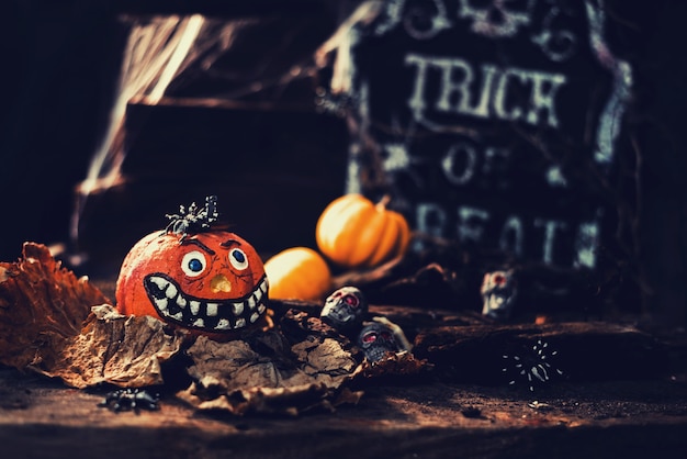 Photo happy halloween concept. trick or treat in autumn season. scary and dark symbol at night.