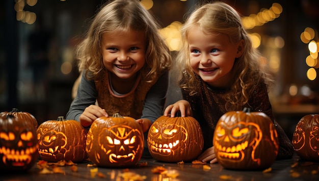 Happy Halloween Cute little girls with carved pumpkins on dark background