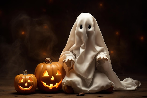 Happy Halloween Cute little kid in ghost costume on isolated background Holiday Concept