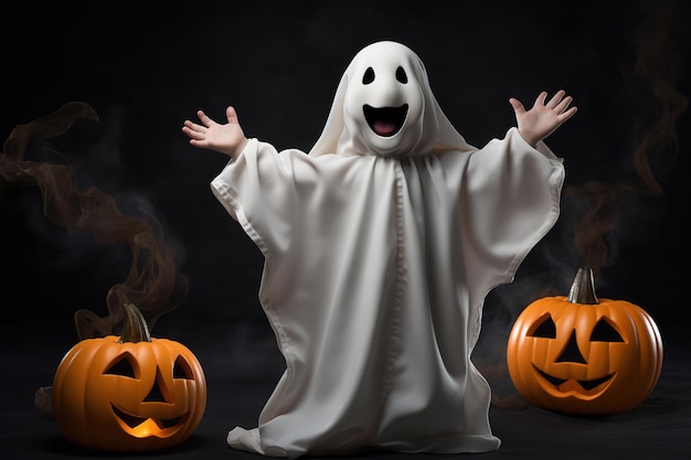 Happy Halloween Cute little kid in ghost costume on isolated background Holiday Concept