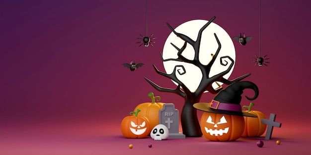 Happy Halloween day banner Jack O Lantern in the cemetery on a full moon night 3d illustration