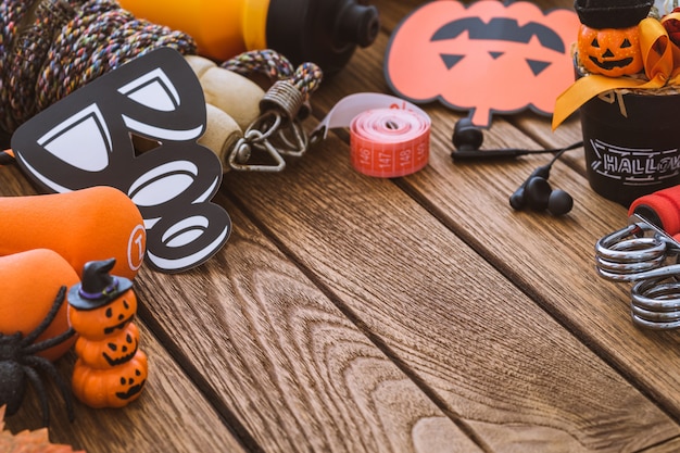 Photo happy halloween day with fitness, exercise, working out healthy lifestyle background