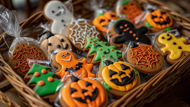 Happy Halloween day with funny cookies set in basket Trick or Threat Festive party