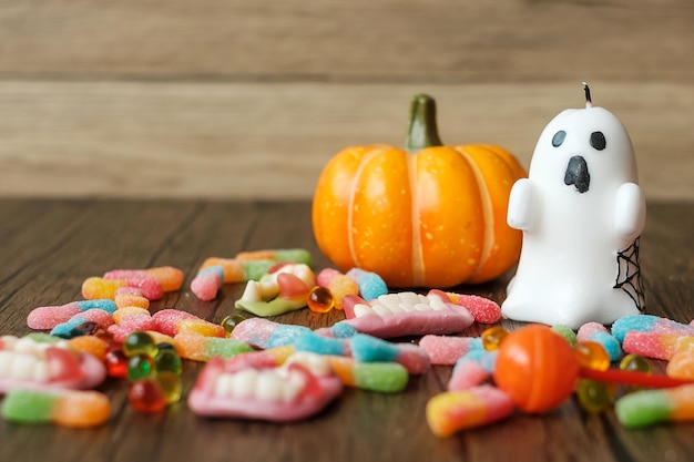 Happy Halloween day with ghost candies candle pumpkin Jack O lantern and decorative selective focus Trick or Threat Hello October fall autumn Festive party and holiday concept