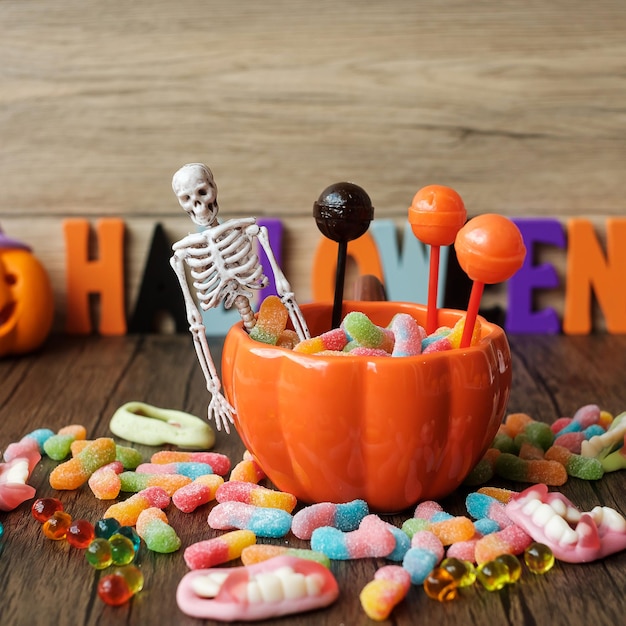 Photo happy halloween day with ghost candies pumpkin bowl jack o lantern and decorative selective focus trick or threat hello october fall autumn festive party and holiday concept