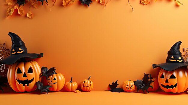 Happy halloween decoration with pumpkins leaves and spider web on orange background