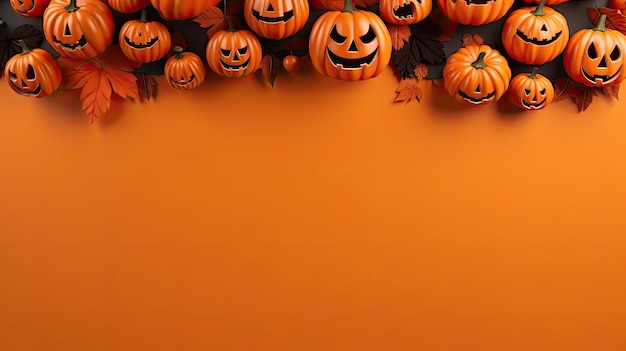 Happy halloween decoration with pumpkins leaves and spider web on orange background