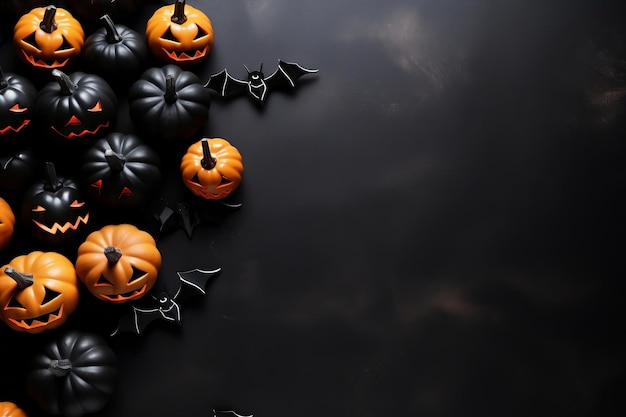 Happy Halloween Flat Lay Composition with Black Pumpkin Generative AI