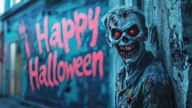 Happy Halloween greeting text on wall and scary dead zombie spooky scene in city Concept of horror building party apocalypse