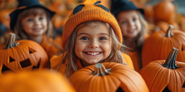 Photo happy halloween a group of children in and with pumpkins