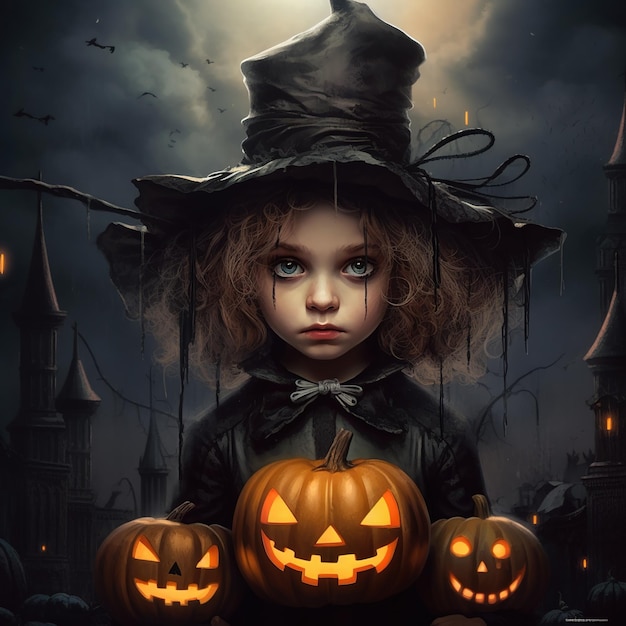 Happy Halloween Halloween pumpkins Wreath of halloween Witch wearing hat Ai Generated