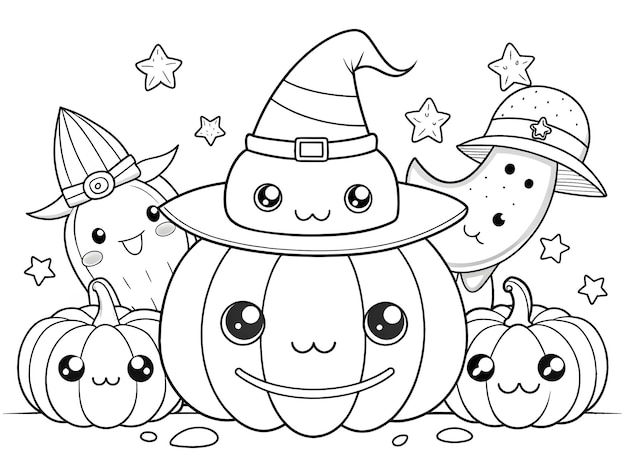 Happy Halloween Hand drawn kawaii coloring book illustration AI generated