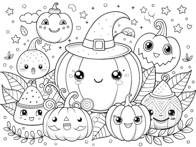 Photo happy halloween hand drawn kawaii coloring book illustration ai generated