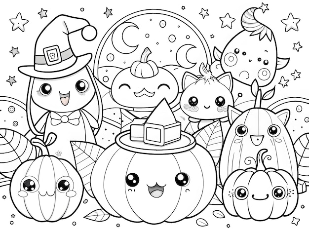 Photo happy halloween hand drawn kawaii coloring book illustration ai generated