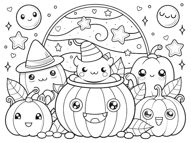 Photo happy halloween hand drawn kawaii coloring book illustration ai generated