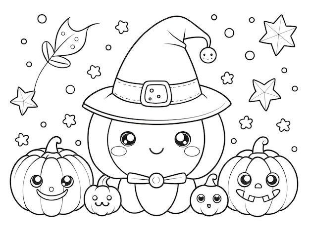 Happy Halloween Hand drawn kawaii coloring book illustration AI generated