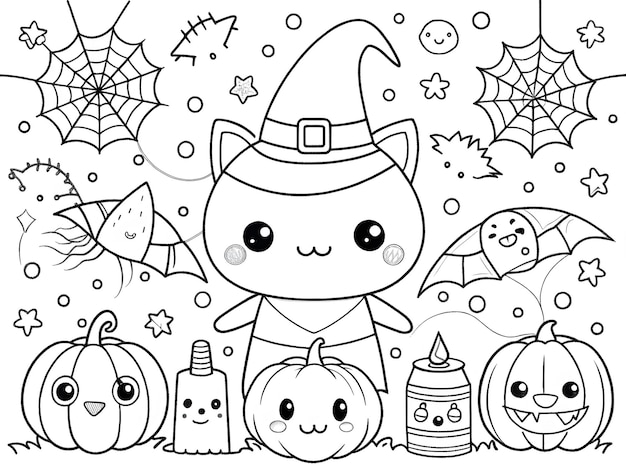 Photo happy halloween hand drawn kawaii coloring book illustration ai generated