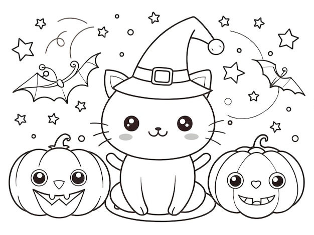 Photo happy halloween hand drawn kawaii coloring book illustration ai generated