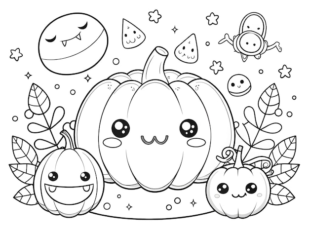 Photo happy halloween hand drawn kawaii coloring book illustration ai generated