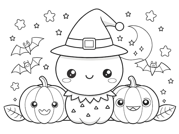 Photo happy halloween hand drawn kawaii coloring book illustration ai generated