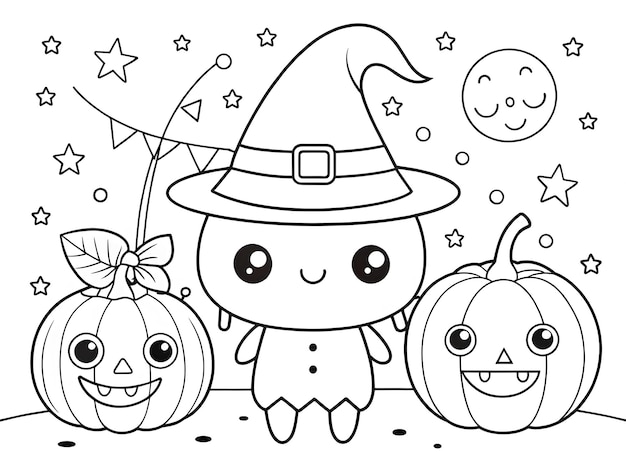 Photo happy halloween hand drawn kawaii coloring book illustration ai generated