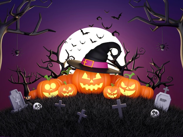 Happy Halloween Jack O Lantern in the cemetery on a full moon night 3d illustration