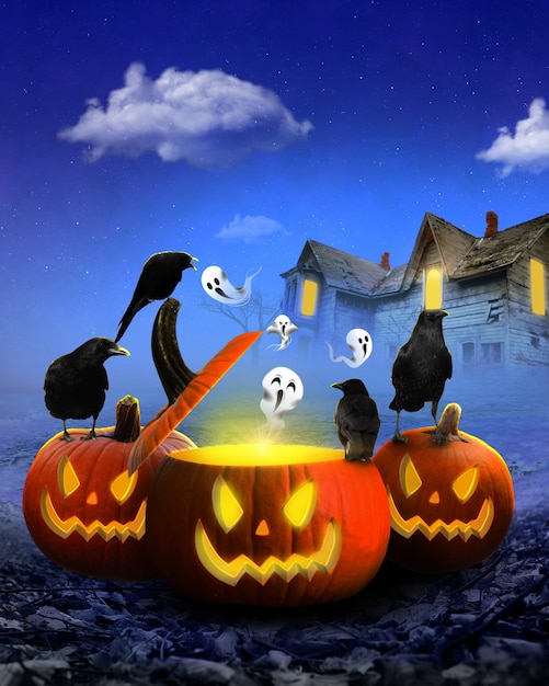 Happy Halloween at night with black crow on top   Happy Halloween card with pumpkins