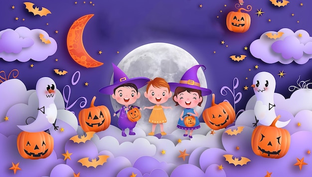 Happy Halloween party with cute kids in costumes and pumpkins on a purple background