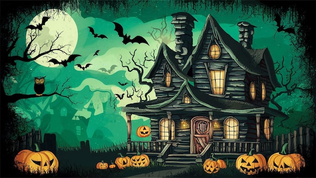 Happy Halloween poster banner with green pumpkin haunted house on full moon