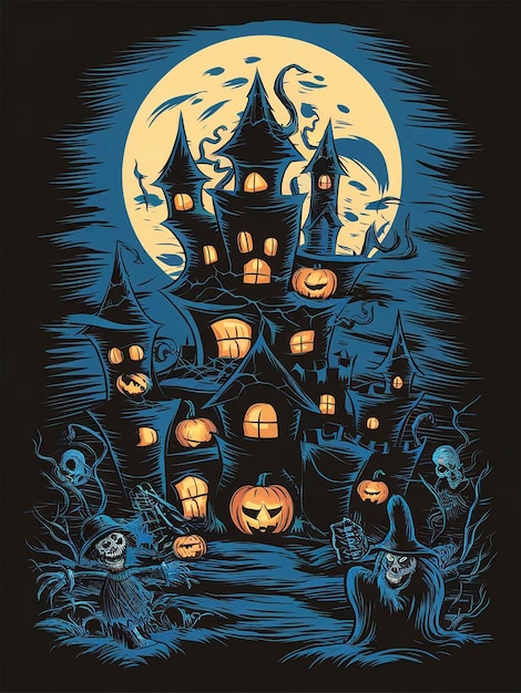 Happy Halloween poster banner with pumpkin haunted house on full moon