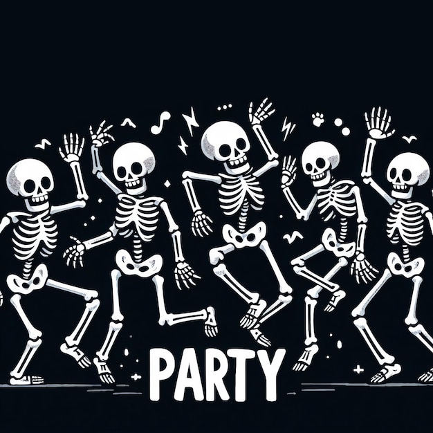 Photo happy halloween row of dancing sceletons on black background flat lay banner with copy