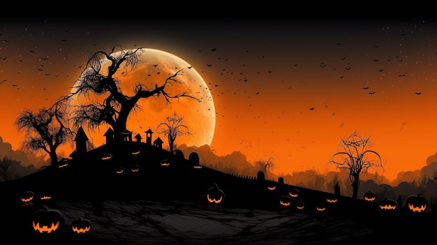 happy halloween scary pumpkins forest moon scary orange and black background