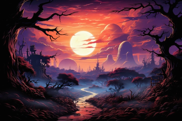 Happy halloween spooky scary moon night scene horror landscape background