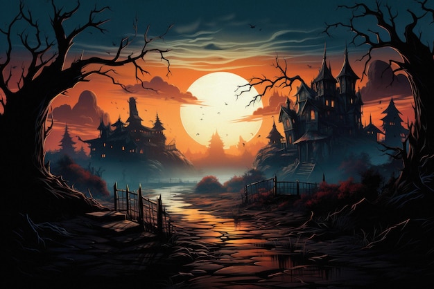 Happy halloween spooky scary moon night scene horror landscape background