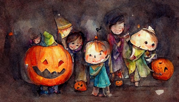 Happy Halloween! Watercolor funny kids style in festive costumes, pumpkins.