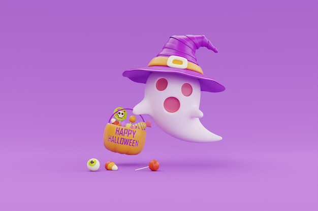 Happy Halloween with cute ghost wearing witch hat and pumpkin basket full of colorful candies and sweets on purple background 3d rendering