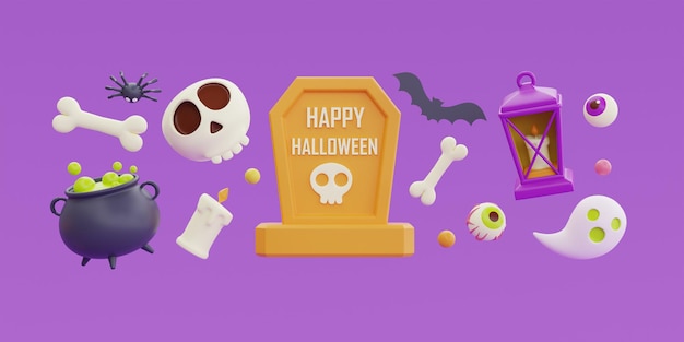 Happy Halloween with grave bones skull witch cauldron lantern and ghost floating on purple background 3d rendering