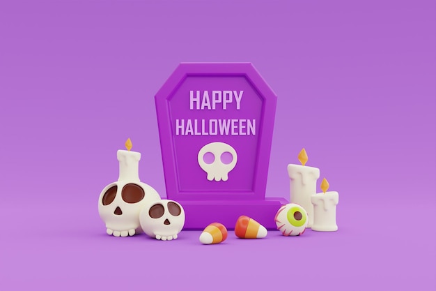 Happy Halloween with grave skull candle and candies on purple background traditional october holiday 3d rendering