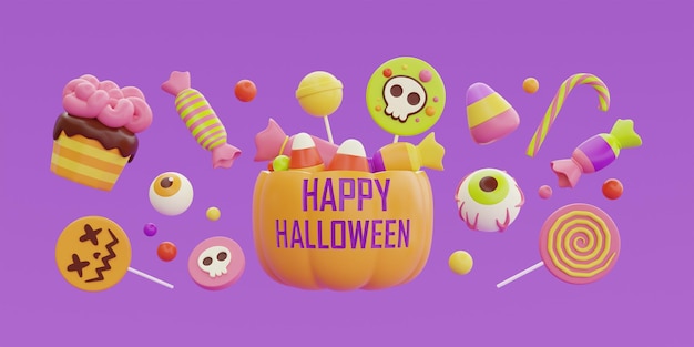 Happy Halloween with JackoLantern pumpkins basket full of colorful candies and sweets floating on purple background 3d rendering