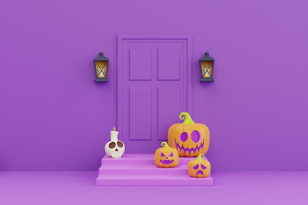 Happy Halloween with JackoLantern pumpkins and bones outside a house door traditional october holiday 3d rendering