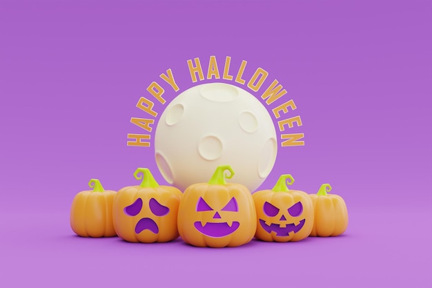 Happy Halloween with JackoLantern pumpkins character under the moon on purple background 3d rendering