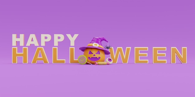 Happy Halloween with JackoLantern pumpkins character on purple background traditional october holiday 3d rendering