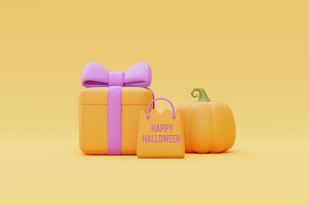 Happy Halloween with JackoLantern pumpkins shopping bag and gift box on yellow background traditional october holiday 3d rendering