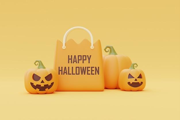 Happy Halloween with JackoLantern pumpkins and shopping bag on yellow background traditional october holiday 3d rendering