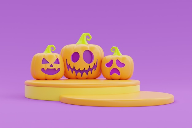 Happy Halloween with podium display and JackoLantern pumpkins on purple background traditional october holiday 3d rendering